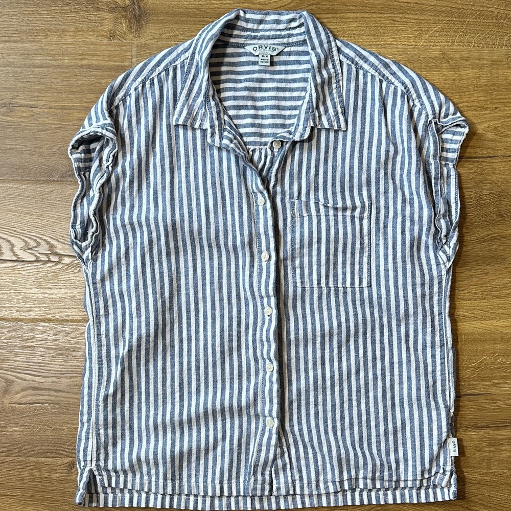 Orvis Gray and White Linen Blend Striped Camp Shirt Medium